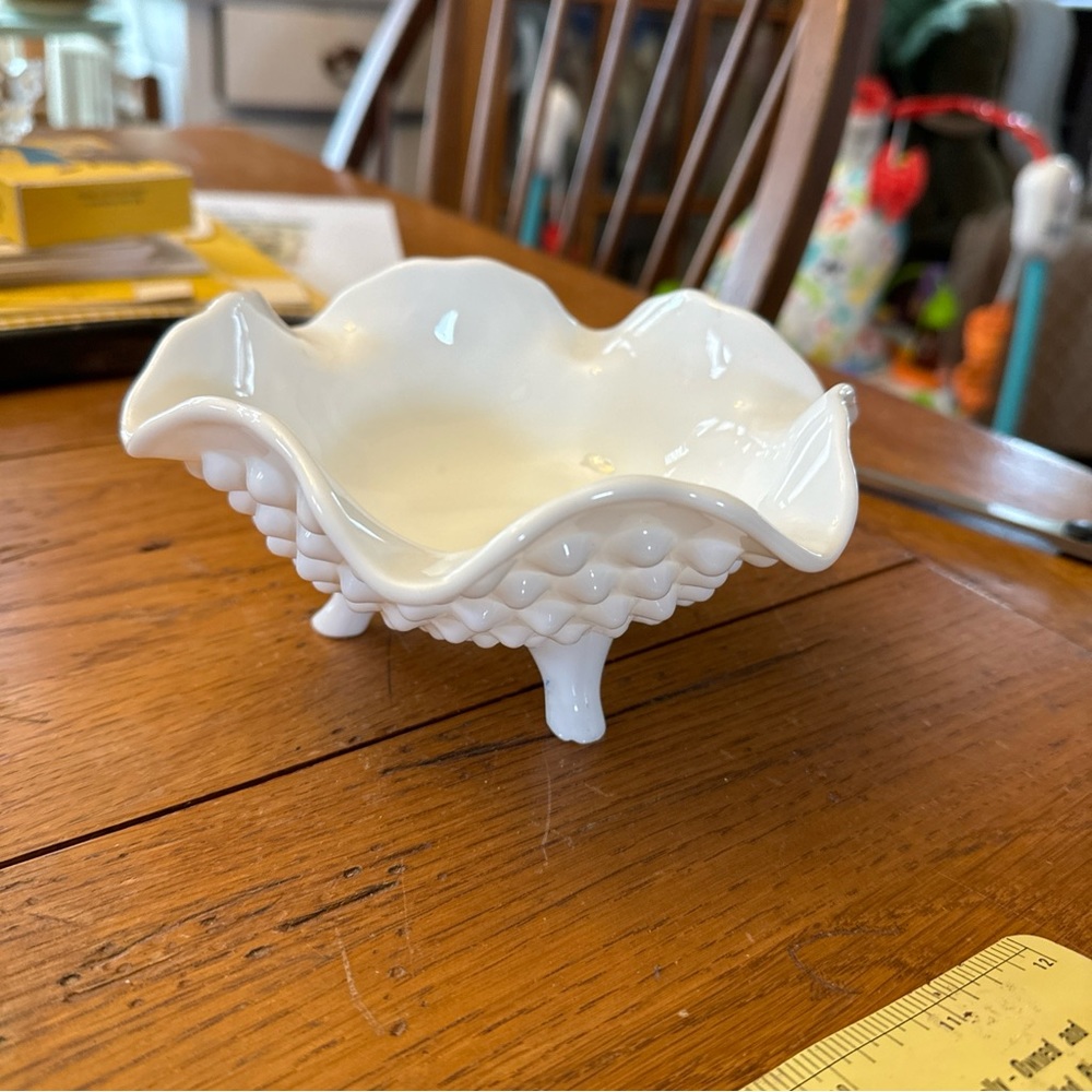 Vintage White Hobnail Three Footed Candy Dish